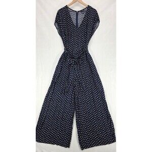 Chaps Womens Jumpsuit Wide Leg Crop Belt Pockets Floral Navy Blue Coastal Sz 16